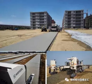 上:攤鋪完的廠房地坪混凝土板;下左:安裝在機身后部伸長臂上的超級抹平器,對混凝土表面進行進一步修復和處理;下右:一臺 SP 25 滑模攤鋪機即可整合所有傳統施工步驟,實現同步一體化作業